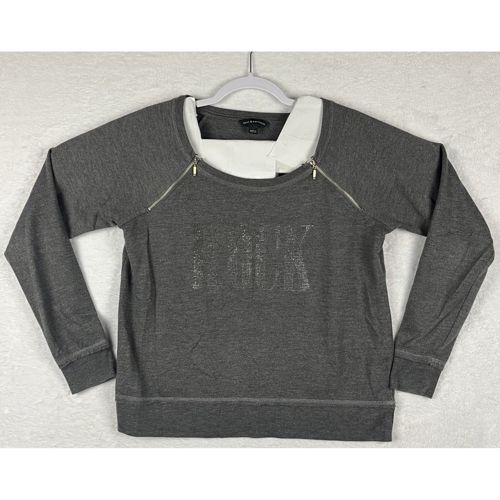GUC Rock & Republic Women Large Gray Rhinestone Rock Sweatshirt Zipper Shoulder